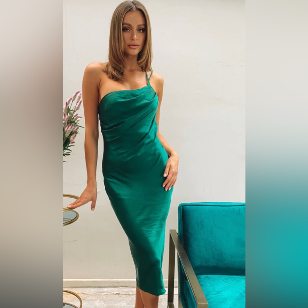 NWT One Shoulder Slip Solid Color Midi Dress - Green